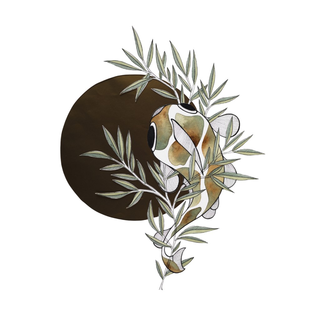 Illustration "Poisson Solaire", découpe, aquarelle, encre et café - Annie Kergoat 2022