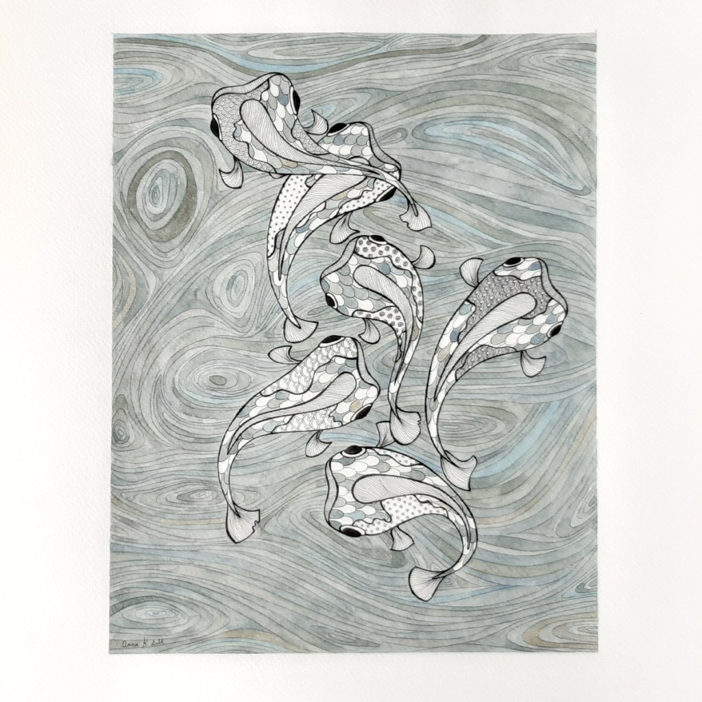 Collectif de carpes
Café, aquarelle et encre
Illustration Annie Kergoat 2022