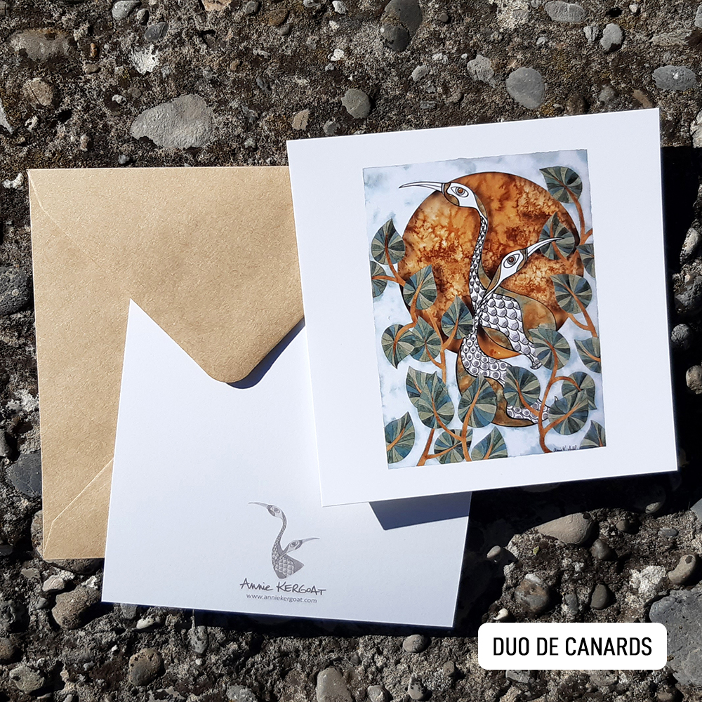 Duo de Canards, carte postale illustrée, illustration Annie Kergoat.