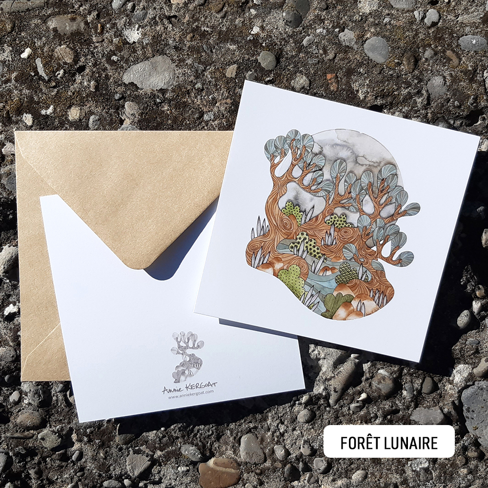 Forêt lunaire, carte postale illustrée, illustration Annie Kergoat.