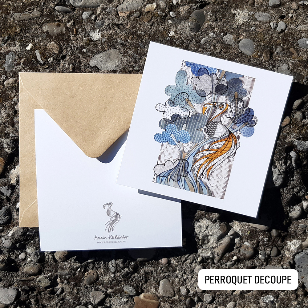 Perroquet découpe, carte postale illustrée, illustration Annie Kergoat.