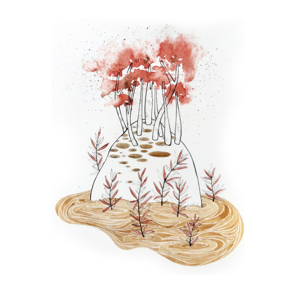 Ilôt forestier
Café, aquarelle et encre
Illustration Annie Kergoat 2022